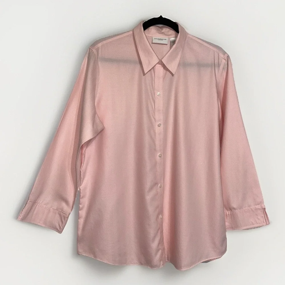 Liz Claiborne Non Iron Blouse Size 14 Pink Cotton‎ Long Sleeve Button-Up Top